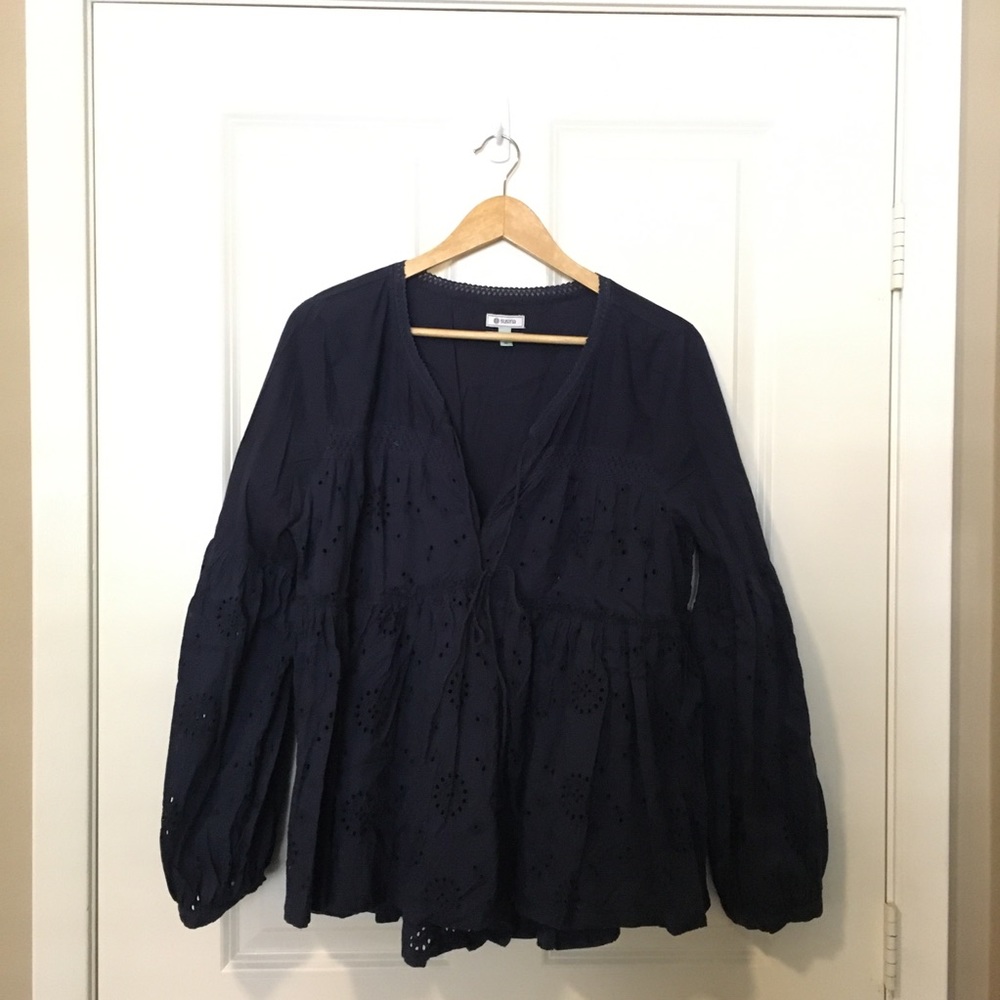 Navy Blue Flowy Top with Balloon Sleeves
